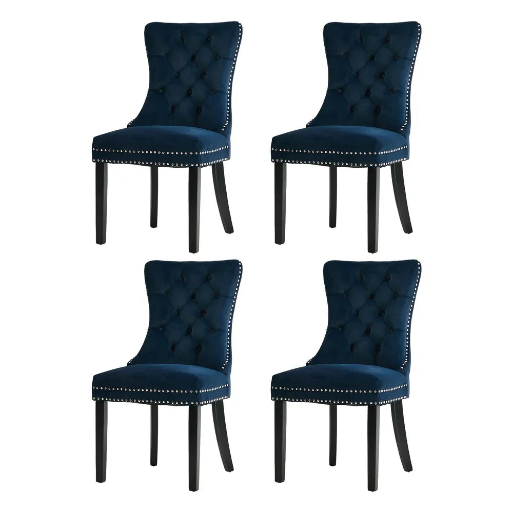 Velvet Dining Chairs with Tufted Back & Rubberwood Legs – Blue (4‑Pack)