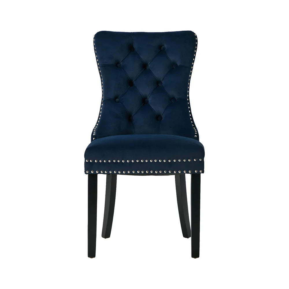Velvet Dining Chairs with Tufted Back & Rubberwood Legs – Blue (4‑Pack)