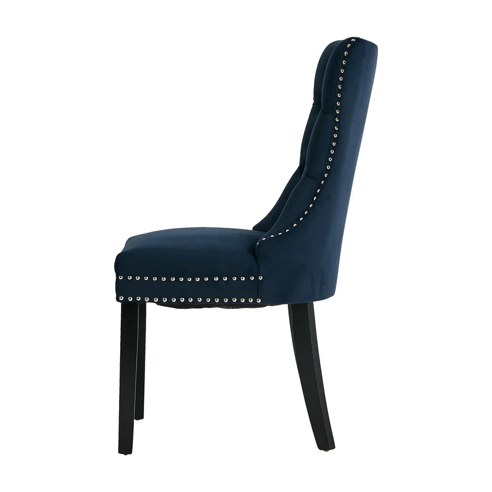 Velvet Dining Chairs with Tufted Back & Rubberwood Legs – Blue (4‑Pack)