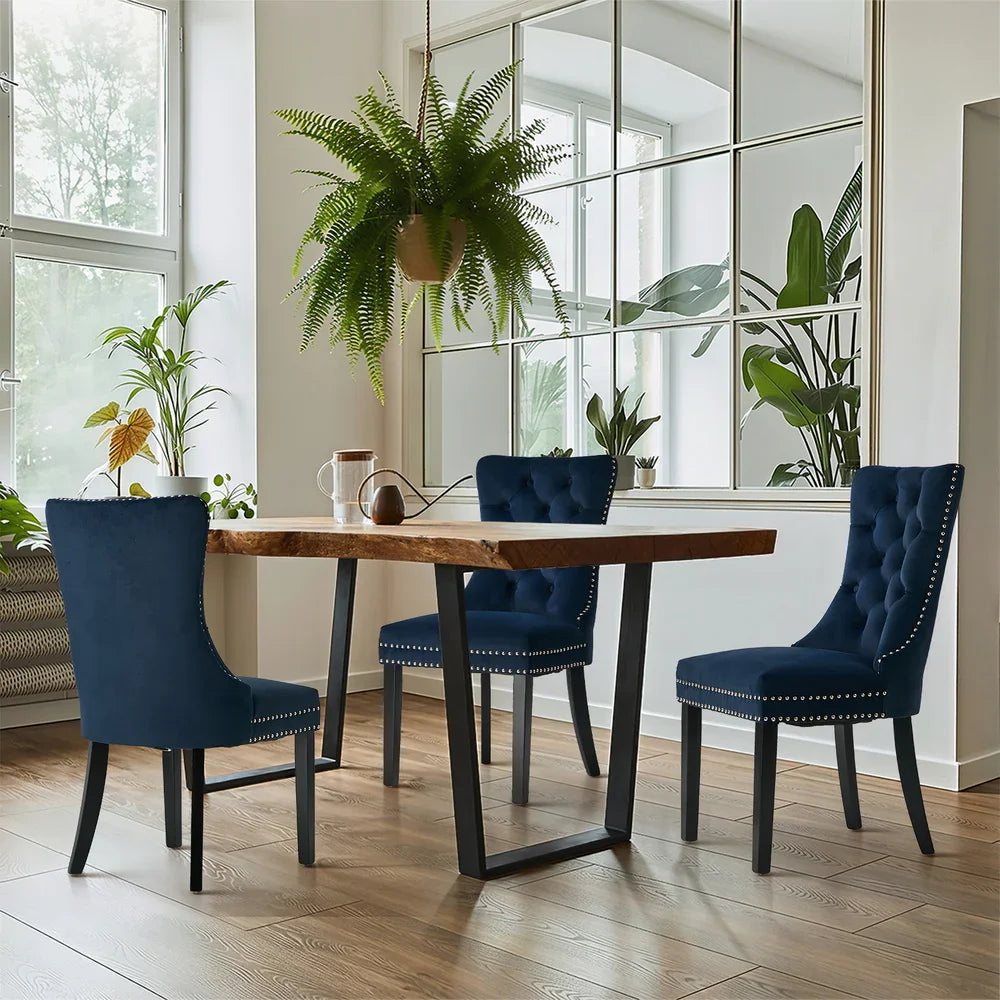 Velvet Dining Chairs with Tufted Back & Rubberwood Legs – Blue (4‑Pack)