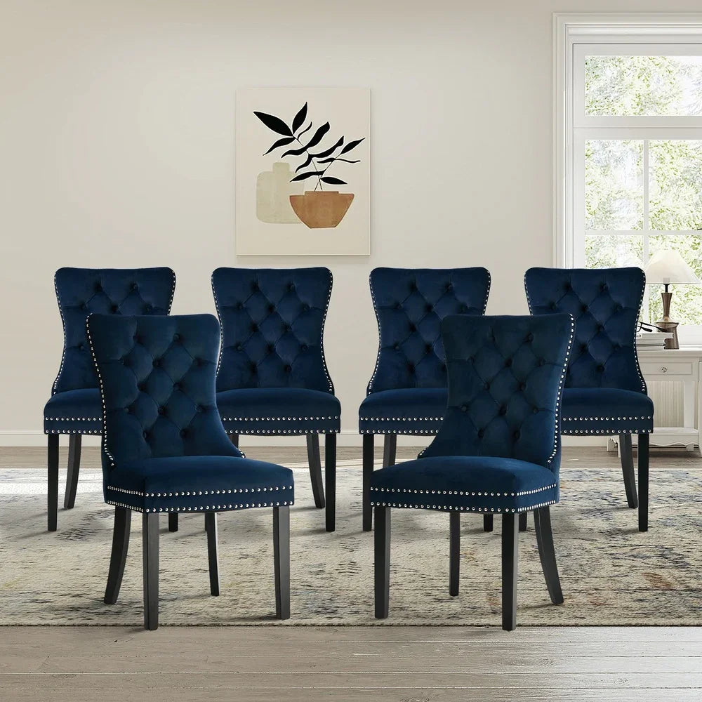 Velvet Dining Chairs with Tufted Back & Rubberwood Legs – Blue (6‑Pack)