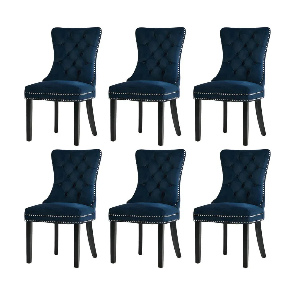 Velvet Dining Chairs with Tufted Back & Rubberwood Legs – Blue (6‑Pack)