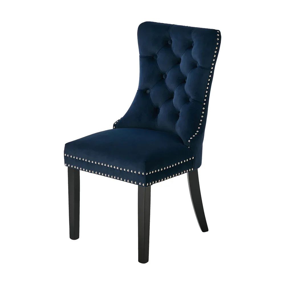 Velvet Dining Chairs with Tufted Back & Rubberwood Legs – Blue (6‑Pack)