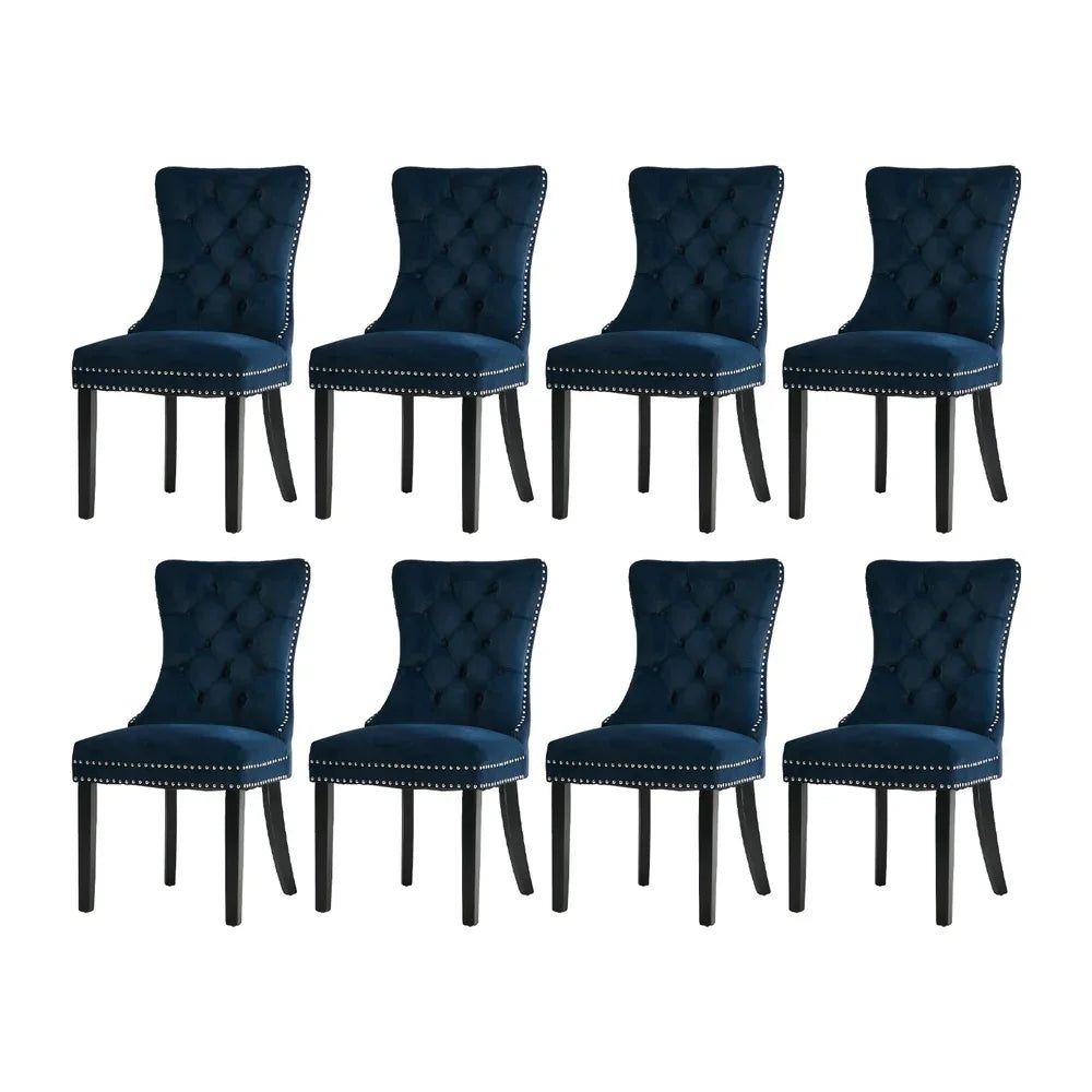 Velvet Dining Chairs with Tufted Back & Rubberwood Legs – Blue (8‑Pack)
