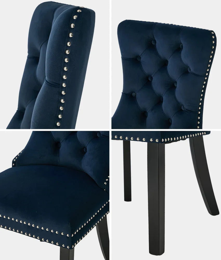 Velvet Dining Chairs with Tufted Back & Rubberwood Legs – Blue (8‑Pack)