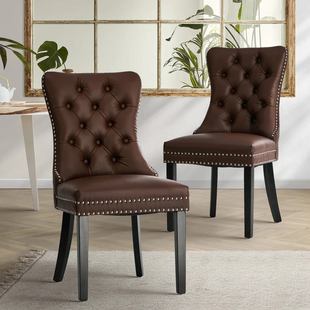 PU Leather Dining Chairs with Tufted Back & Rubberwood Legs – Brown (2‑Pack)