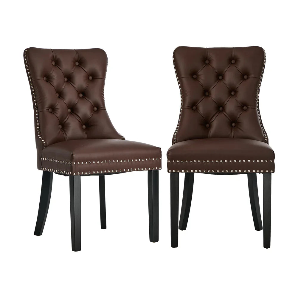 PU Leather Dining Chairs with Tufted Back & Rubberwood Legs – Brown (2‑Pack)