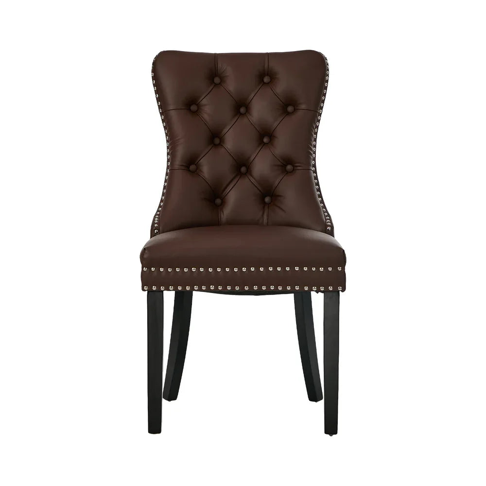 PU Leather Dining Chairs with Tufted Back & Rubberwood Legs – Brown (2‑Pack)