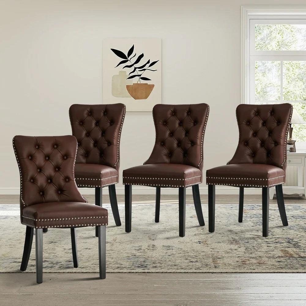 PU Leather Dining Chairs with Tufted Back & Rubberwood Legs – Brown (4‑Pack)