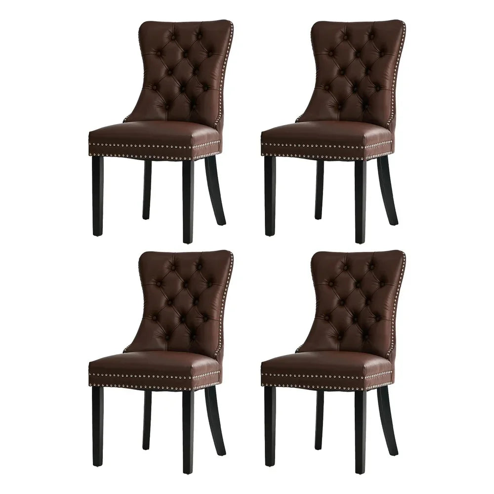 PU Leather Dining Chairs with Tufted Back & Rubberwood Legs – Brown (4‑Pack)