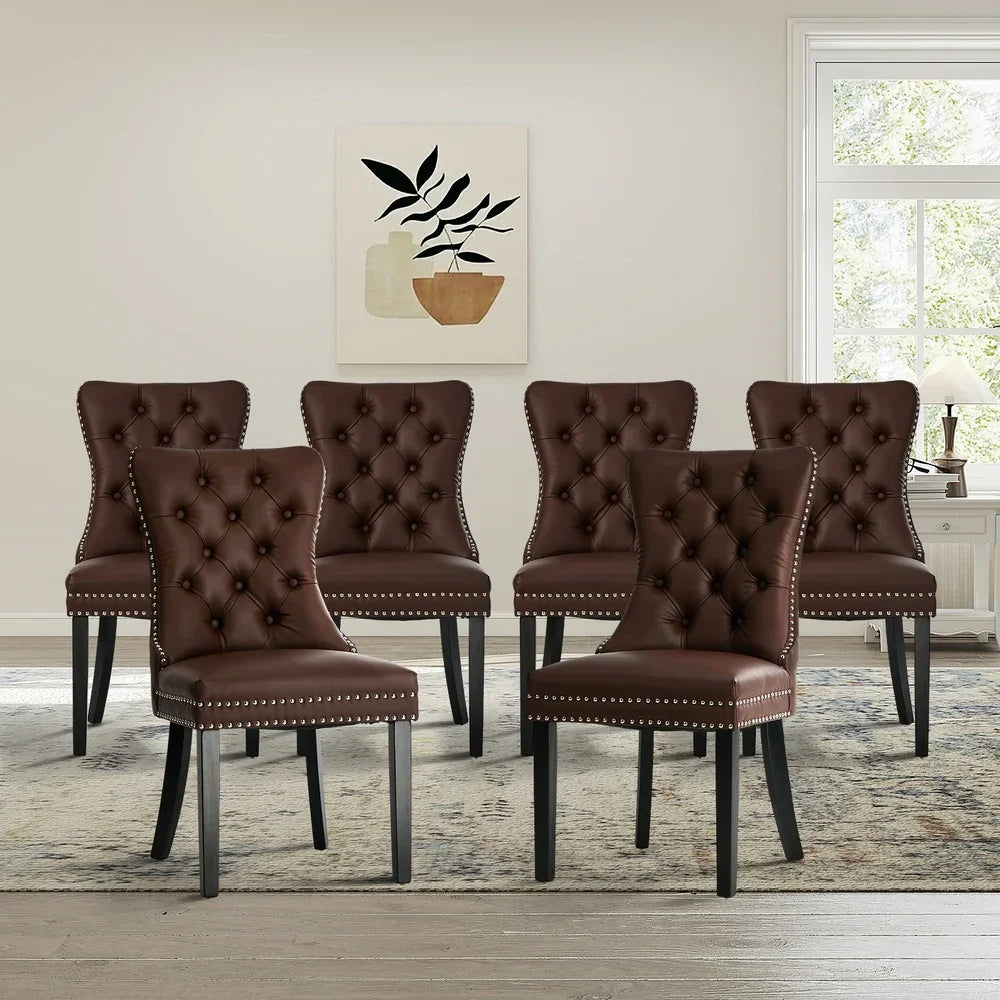 PU Leather Dining Chairs with Tufted Back & Rubberwood Legs – Brown (6‑Pack)