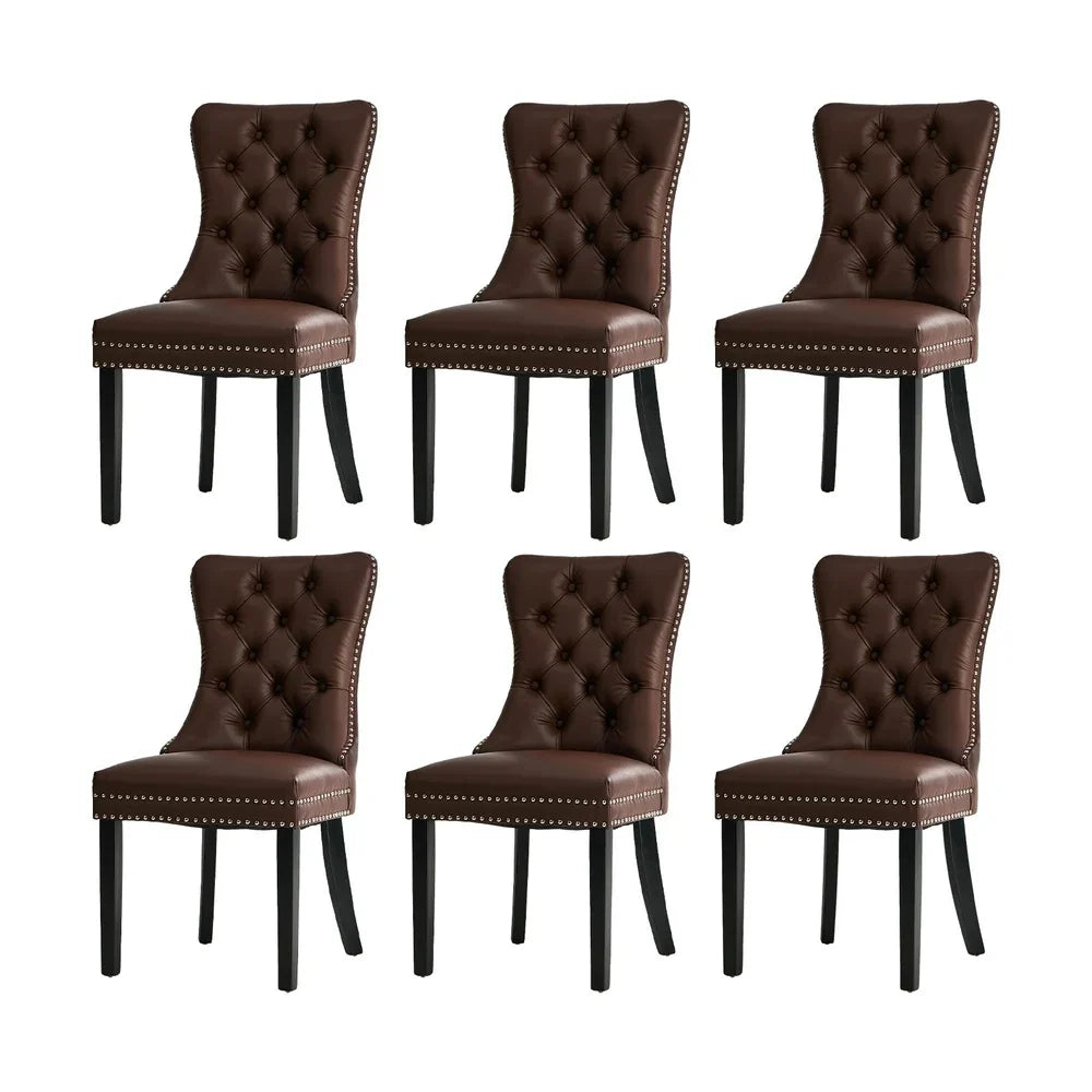 PU Leather Dining Chairs with Tufted Back & Rubberwood Legs – Brown (6‑Pack)
