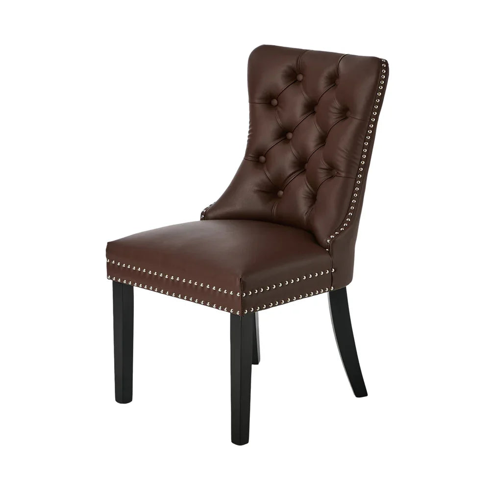 PU Leather Dining Chairs with Tufted Back & Rubberwood Legs – Brown (6‑Pack)