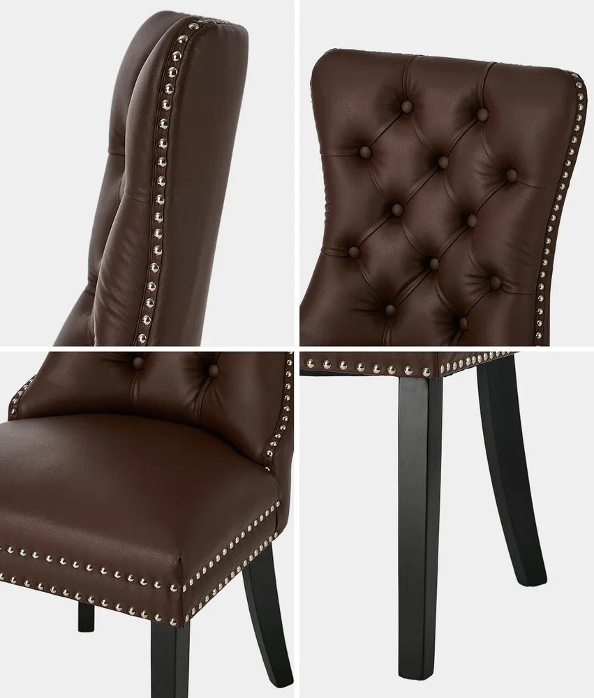 PU Leather Dining Chairs with Tufted Back & Rubberwood Legs – Brown (6‑Pack)