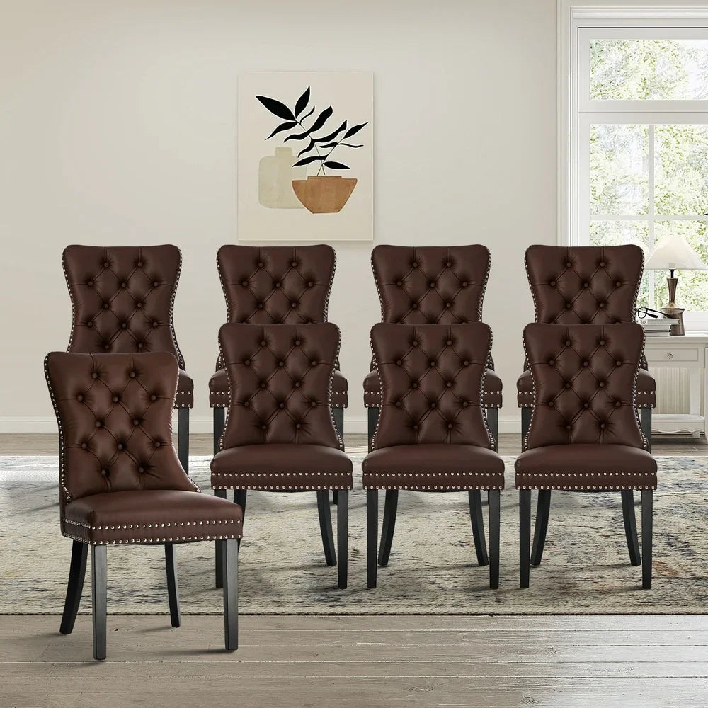 PU Leather Dining Chairs with Tufted Back & Rubberwood Legs – Brown (8‑Pack)