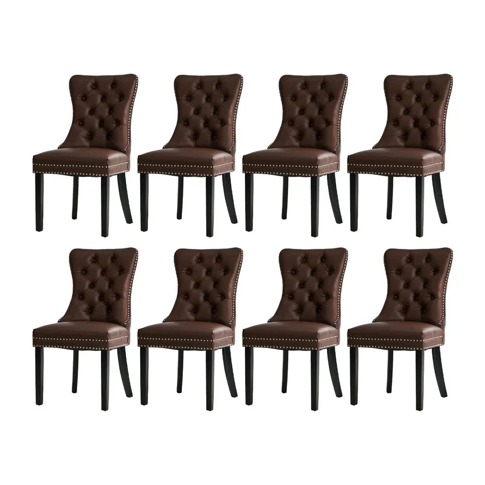 PU Leather Dining Chairs with Tufted Back & Rubberwood Legs – Brown (8‑Pack)