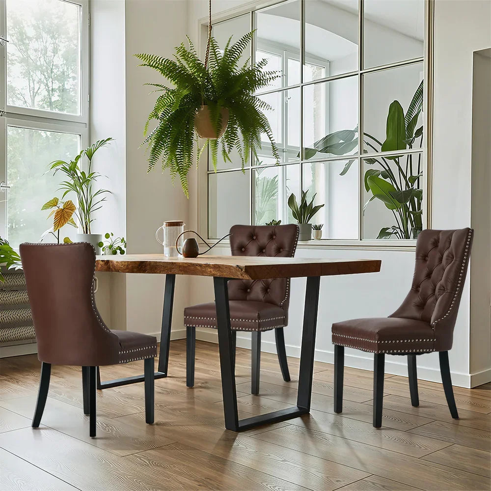 PU Leather Dining Chairs with Tufted Back & Rubberwood Legs – Brown (8‑Pack)