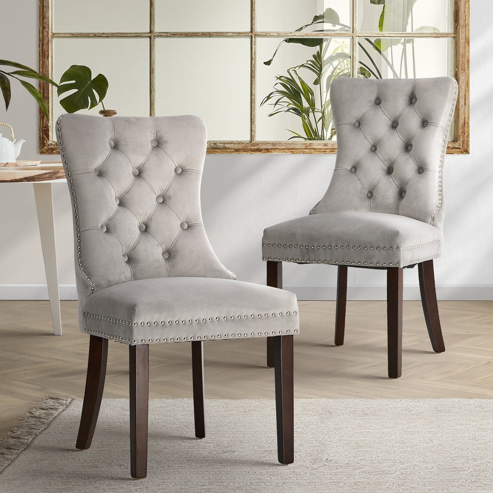 2x Velvet Dining Chairs Upholstered French Tufted Light Grey