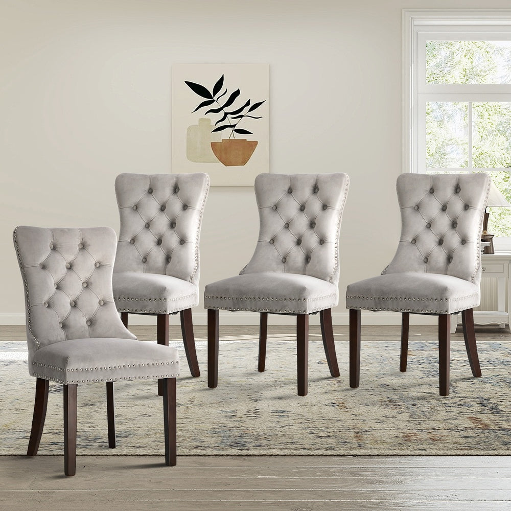4x Velvet Dining Chairs Upholstered French Tufted Light Grey