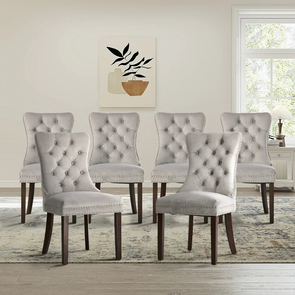 Velvet Dining Chairs with Tufted Back & Rubberwood Legs – Light Grey (8‑Pack)