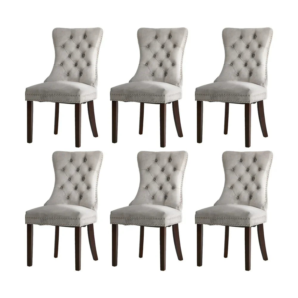 Velvet Dining Chairs with Tufted Back & Rubberwood Legs – Light Grey (6-Pack)