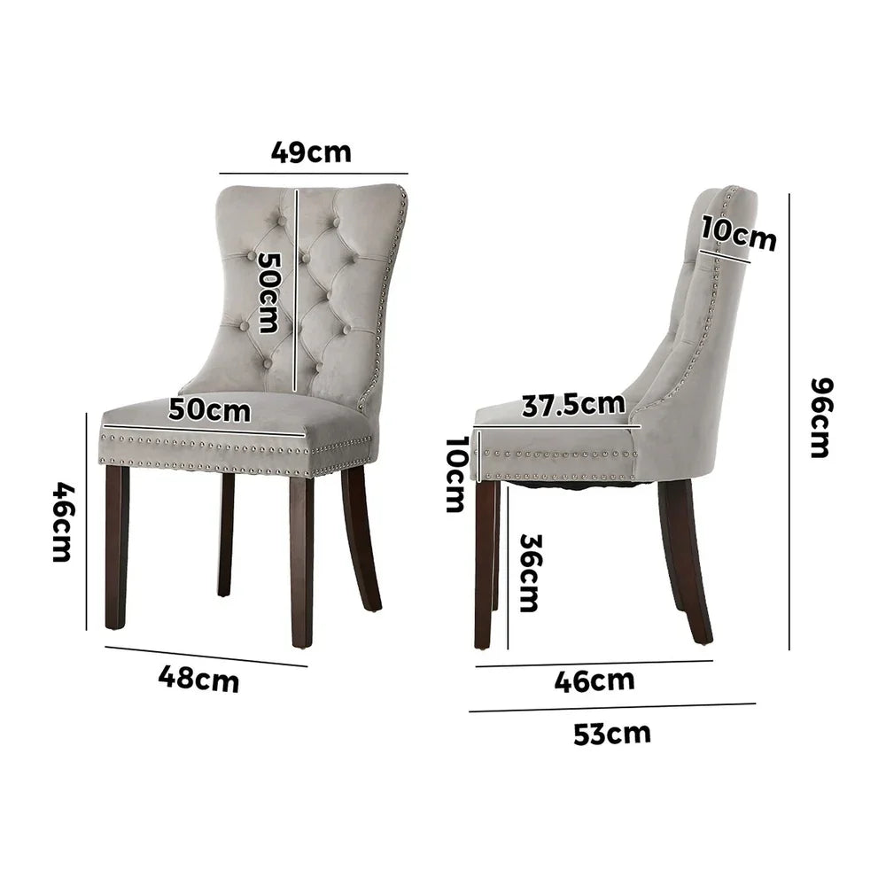 Velvet Dining Chairs with Tufted Back & Rubberwood Legs – Light Grey (6-Pack)