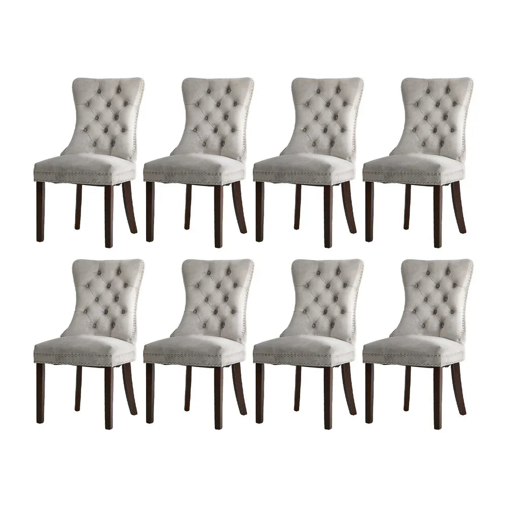 Velvet Dining Chairs with Tufted Back & Rubberwood Legs – Light Grey (8‑Pack)