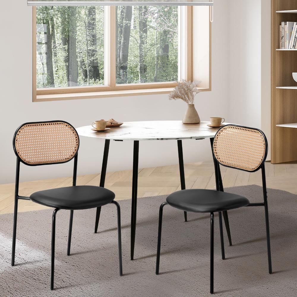 2PCS Rattan Dining Chair PU Leather Black