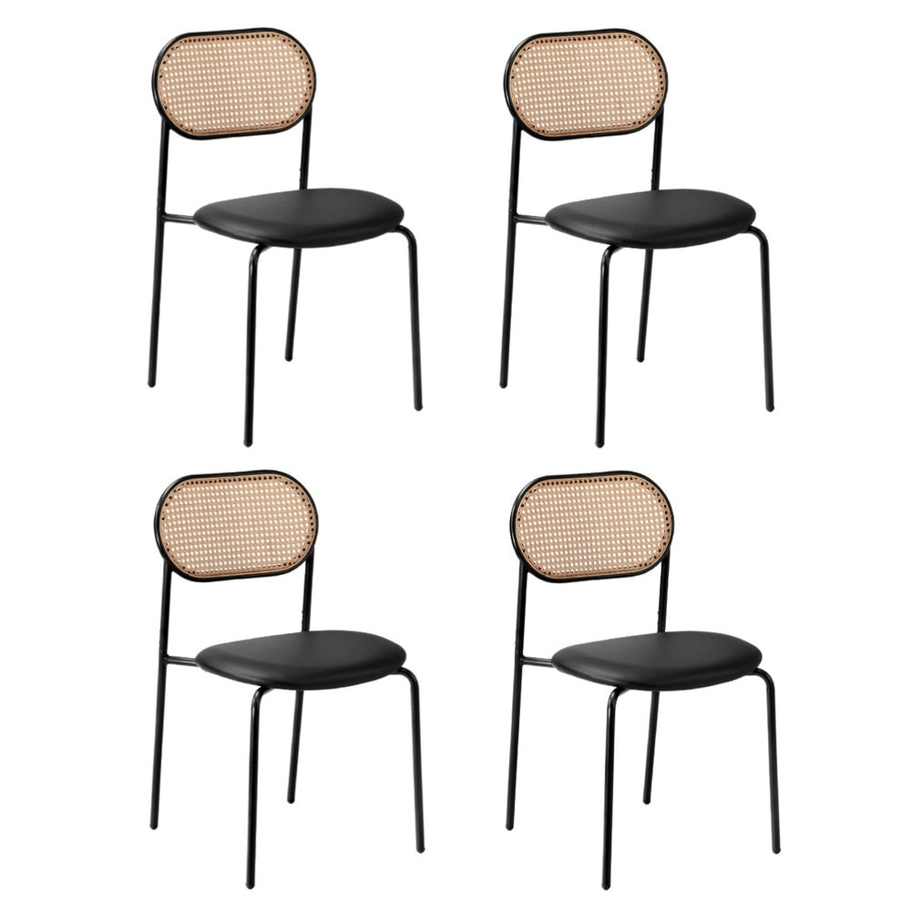 4PCS Dining Chair Rattan Furniture PU Leather Black