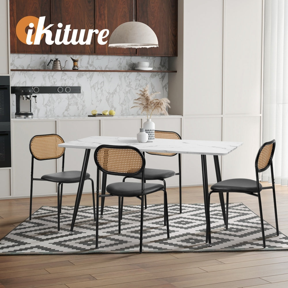 4PCS Dining Chair Rattan Furniture PU Leather Black
