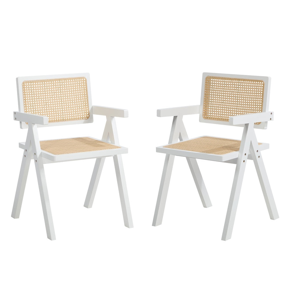 2x Dining Chairs PE Rattan Chair Bamboo Frame White