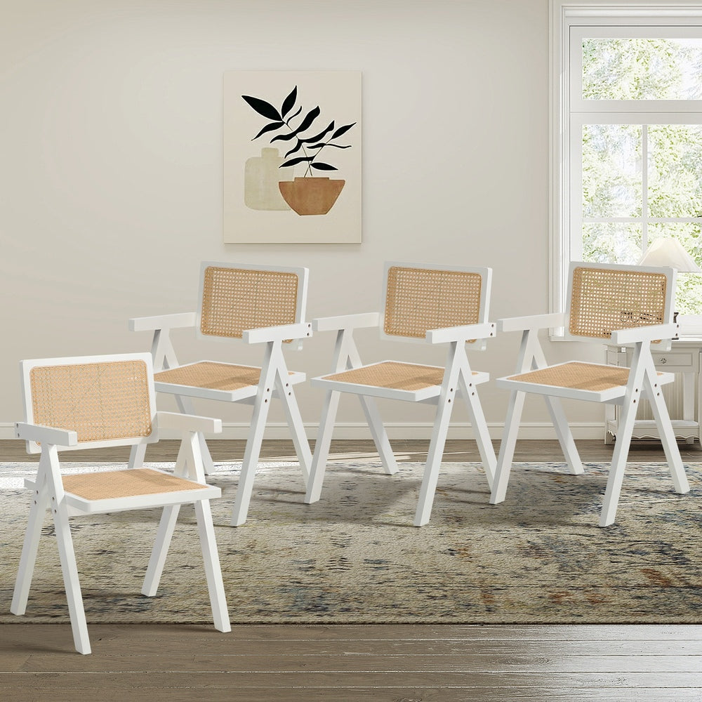4x Dining Chairs PE Rattan Chair Bamboo Frame White