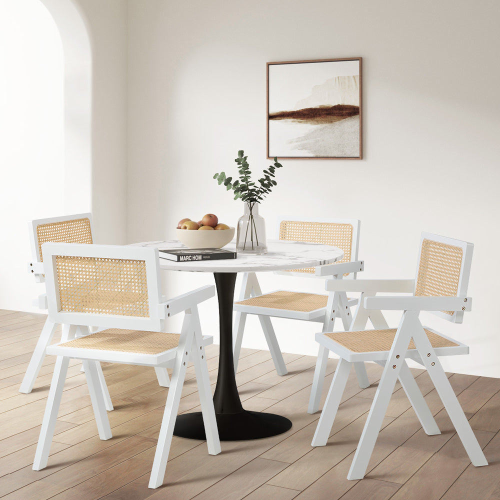4x Dining Chairs PE Rattan Chair Bamboo Frame White
