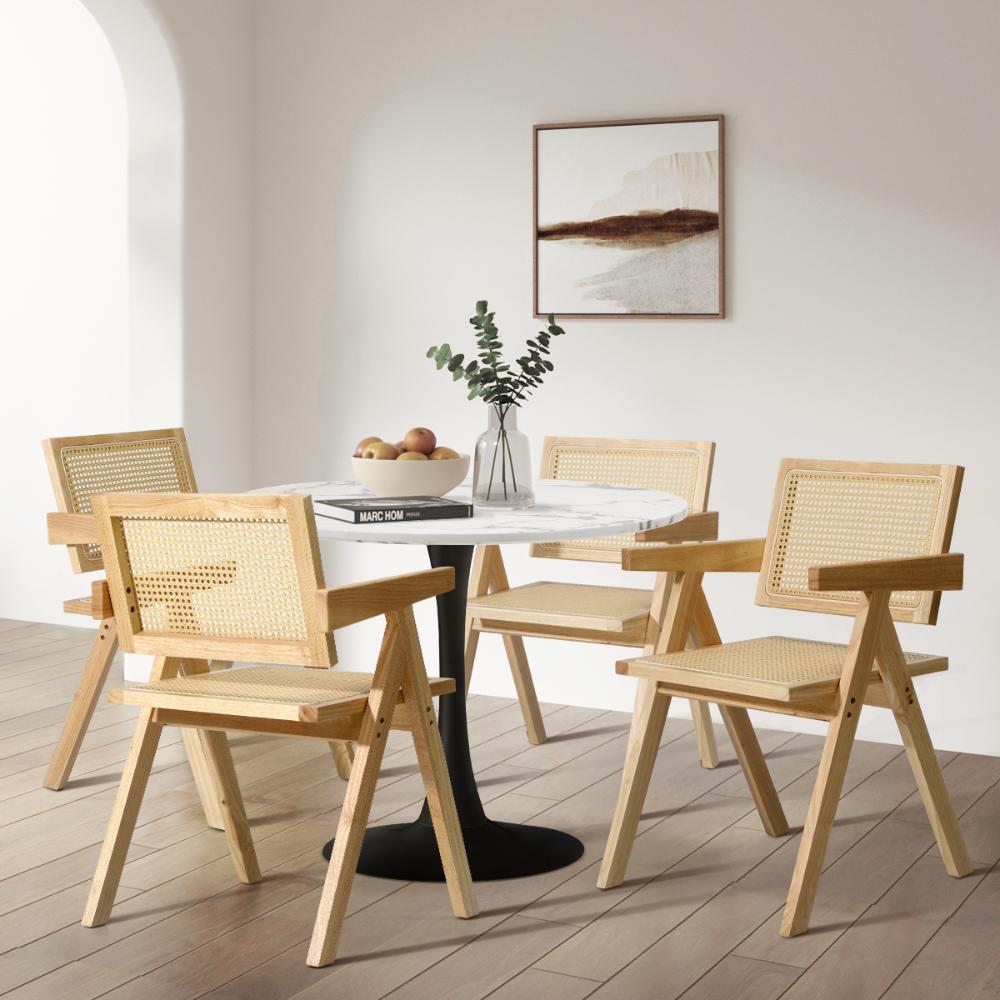 2x Dining Chairs Rattan Wooden Natural