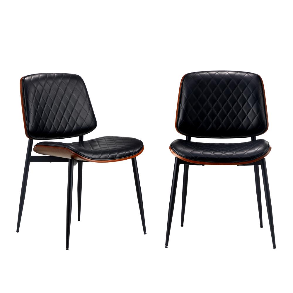 2x Dining Chairs Leather Seat Metal Legs Black
