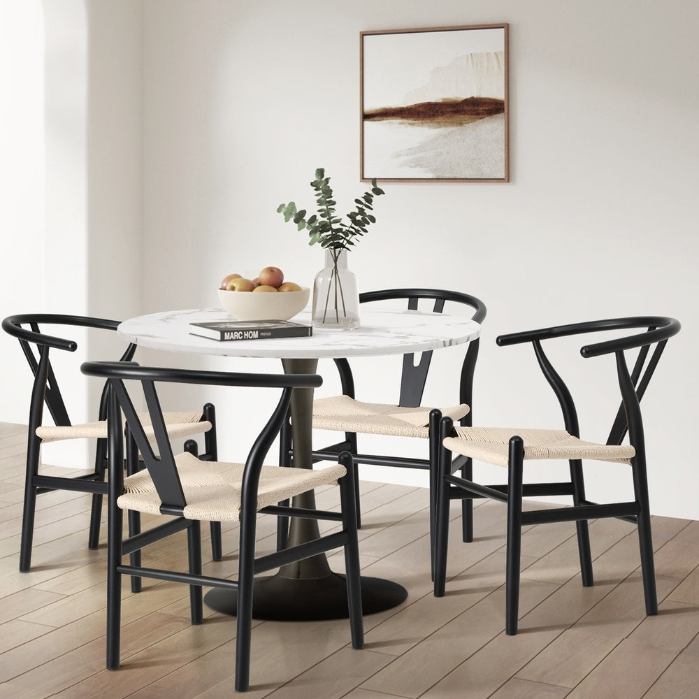 6xDining Chair Wooden Hans Wegner Wishbone Black