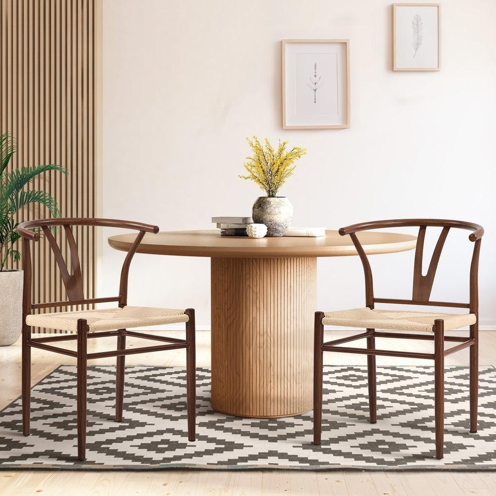 2x Dining Chair, Metal Wishbone Style Chair, Wooden Seat, Walnut Colour