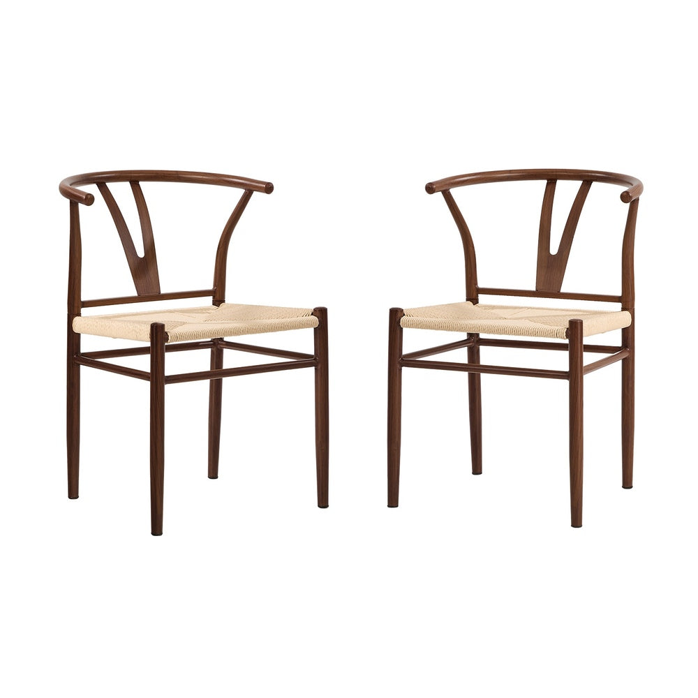 2x Dining Chair, Metal Wishbone Style Chair, Wooden Seat, Walnut Colour