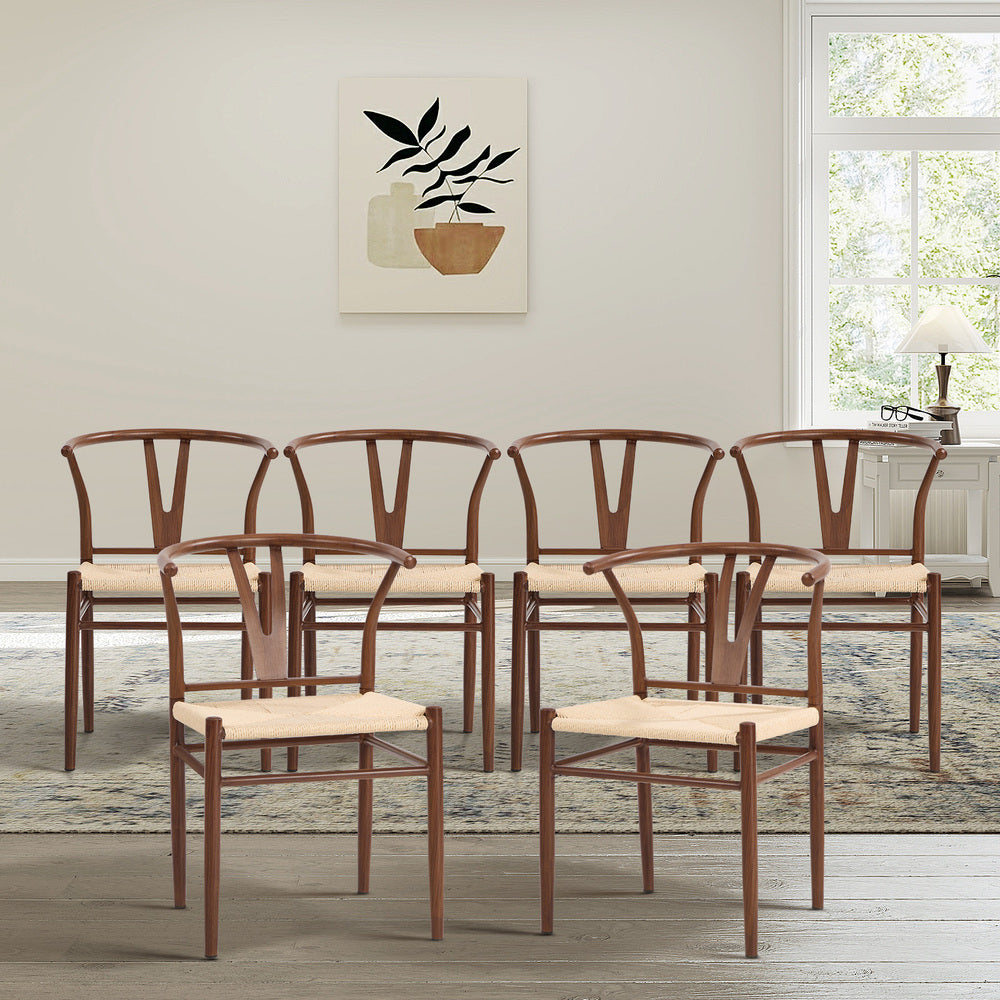 Wishbone Dining Chairs Set of 6, Walnut, Metal Frame, 120kg Cap