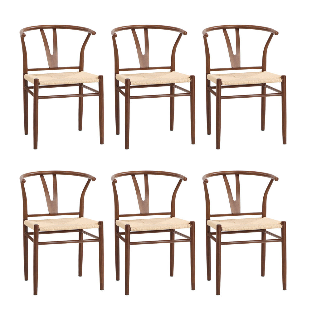 Wishbone Dining Chairs Set of 6, Walnut, Metal Frame, 120kg Cap