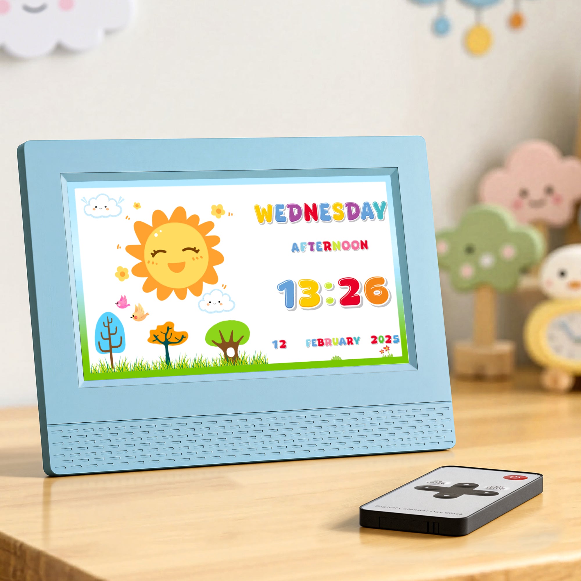 7" Digital Day Clock Calendar Alarm LCD Children Sleep Trainer Clocks Blue
