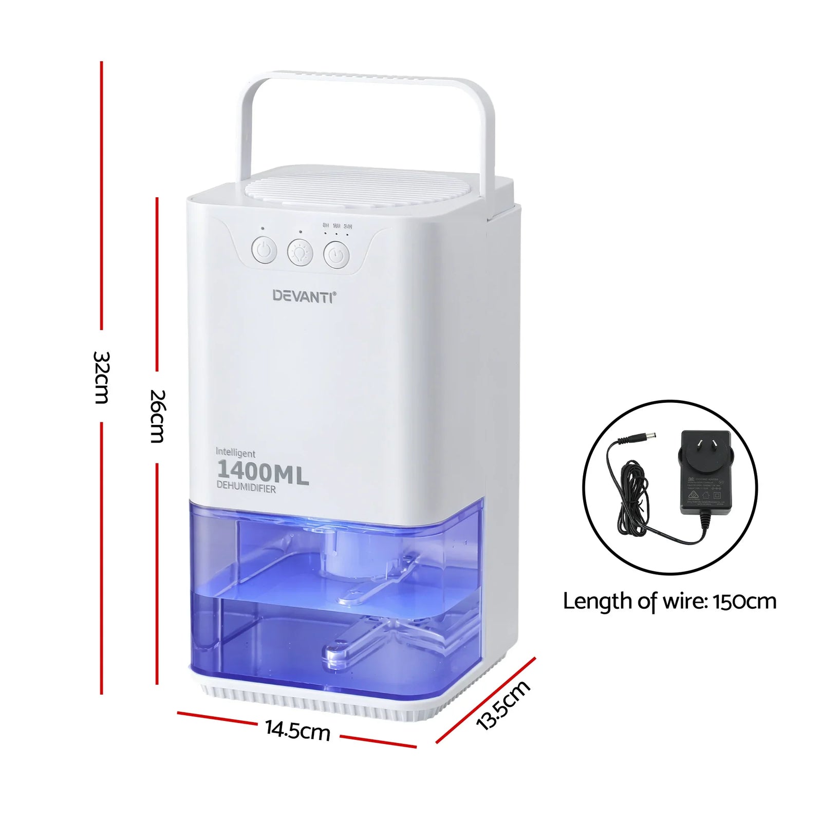 1400ML Portable Dehumidifier Quiet Sleep Mode Timer Auto Off Bedroom White
