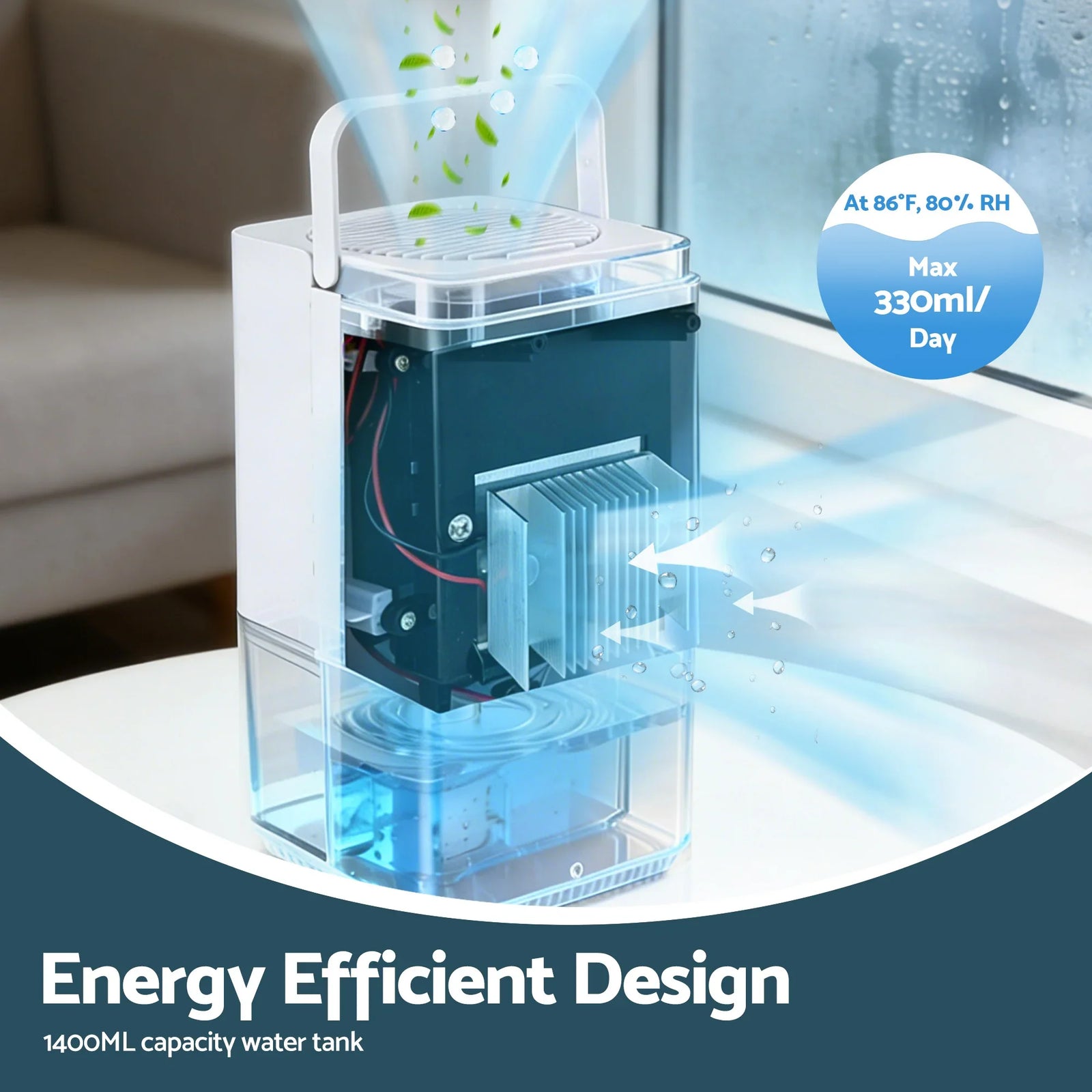 1400ML Portable Dehumidifier Quiet Sleep Mode Timer Auto Off Bedroom White