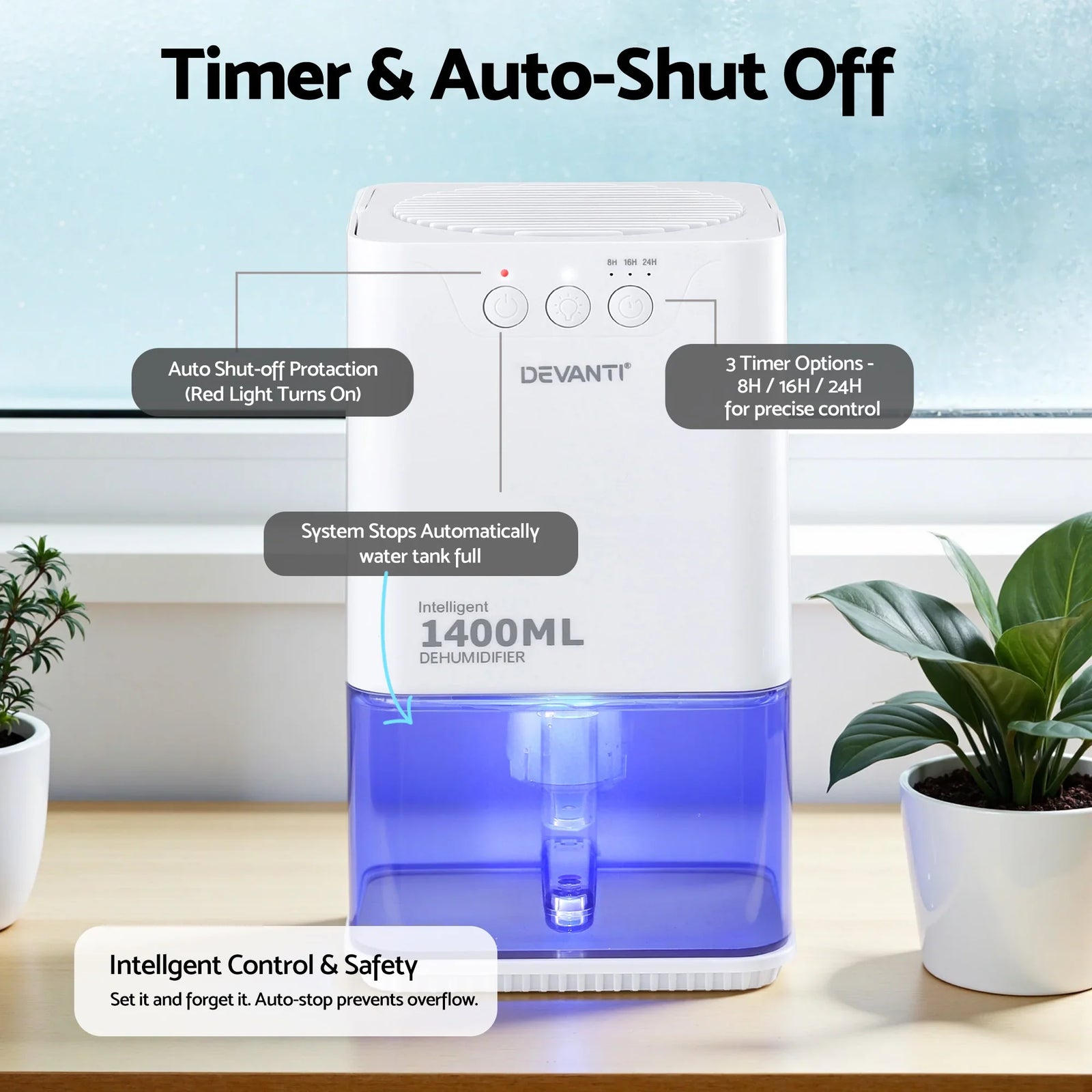 1400ML Portable Dehumidifier Quiet Sleep Mode Timer Auto Off Bedroom White