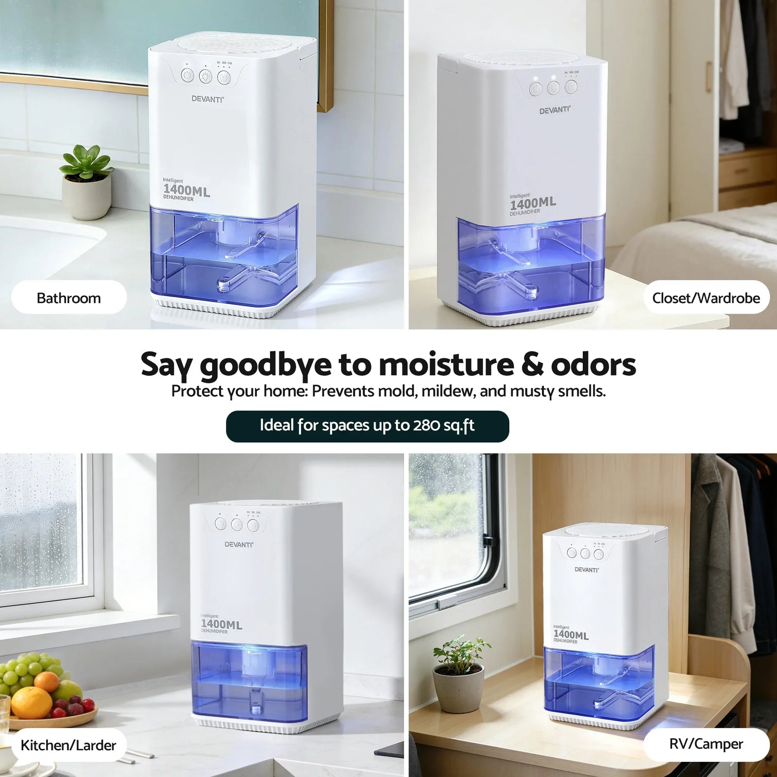 1400ML Portable Dehumidifier Quiet Sleep Mode Timer Auto Off Bedroom White