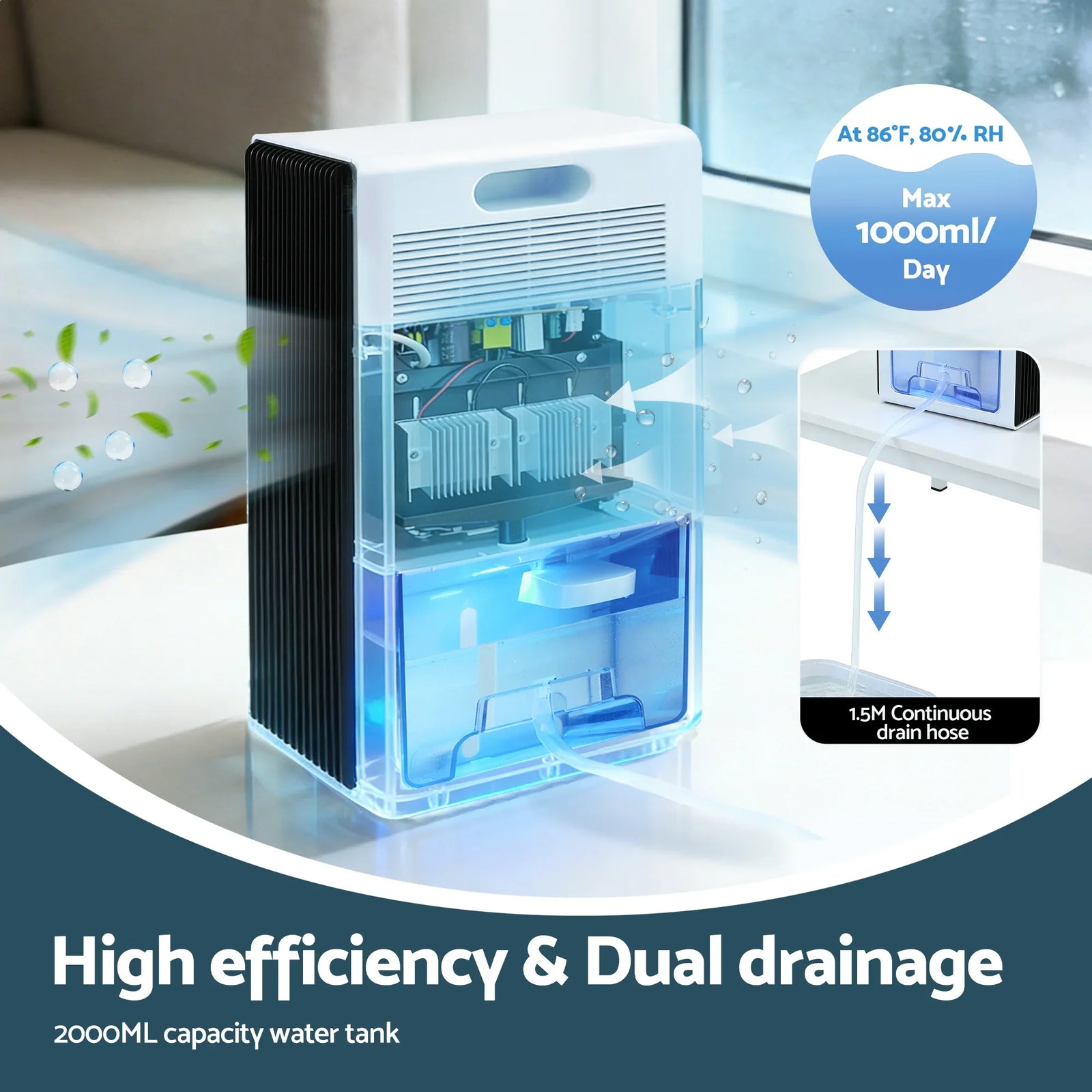 Smart Dehumidifier 2000ml – Auto Humidity Control, Sleep Mode, Drain Hose