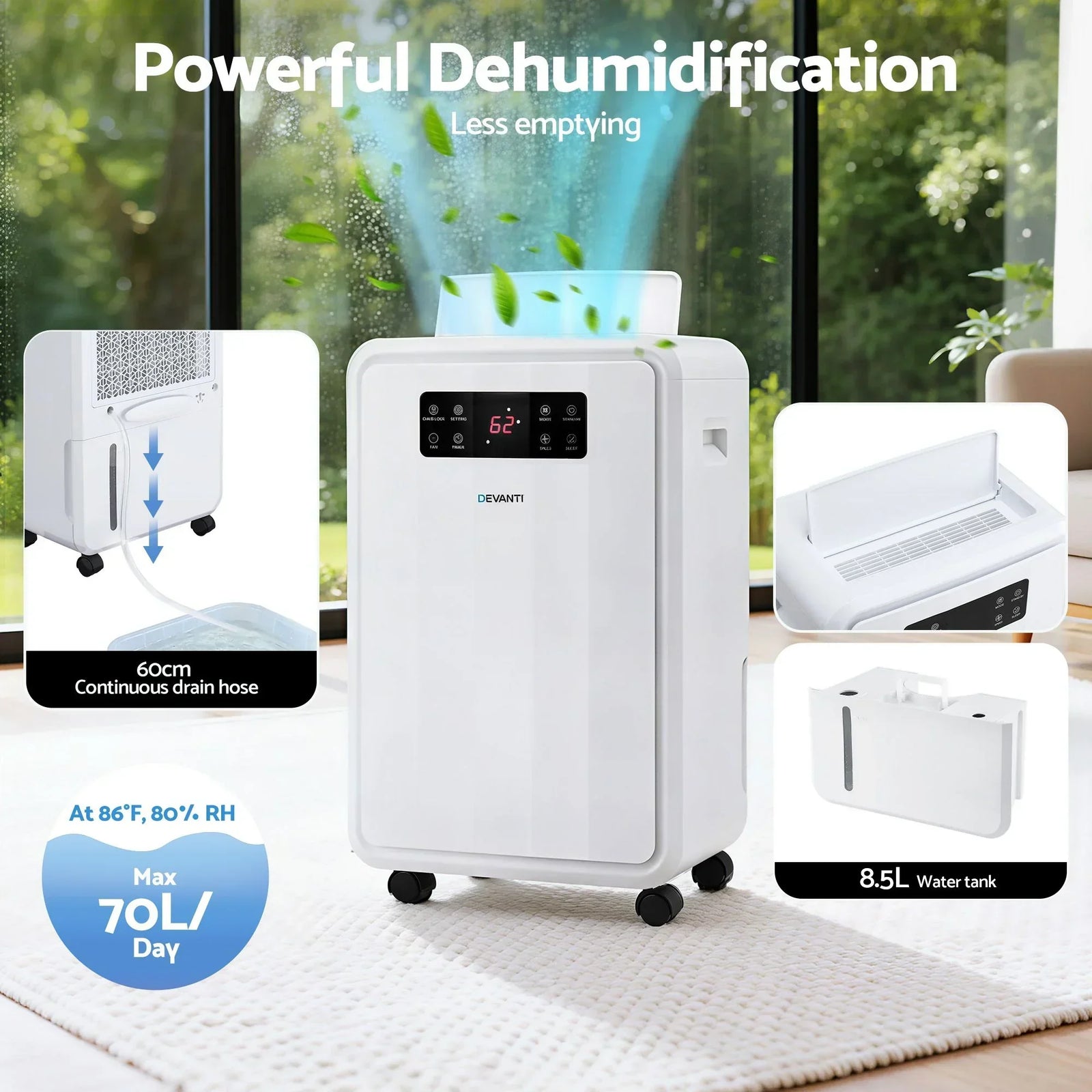 Dehumidifier – 70L/Day, 8.5L Tank, Carbon Filter, Drain Hose, White