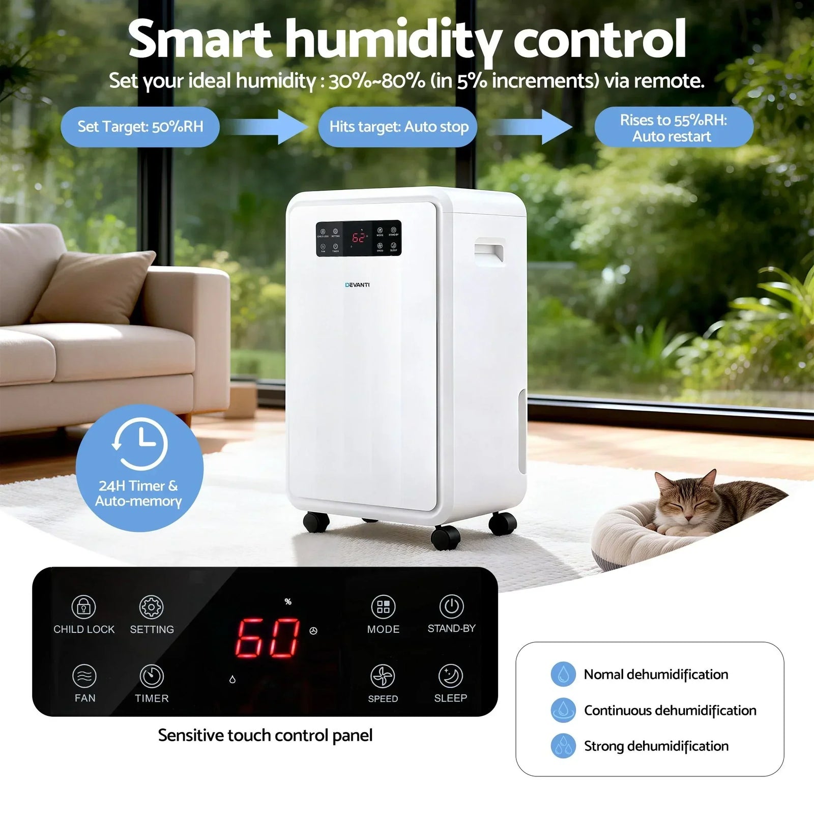 Dehumidifier – 70L/Day, 8.5L Tank, Carbon Filter, Drain Hose, White