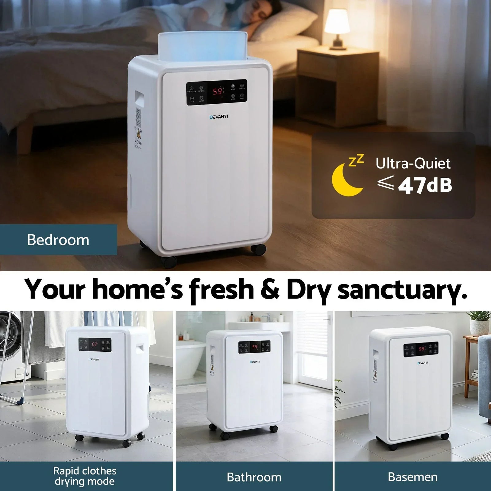 Dehumidifier – 70L/Day, 8.5L Tank, Carbon Filter, Drain Hose, White