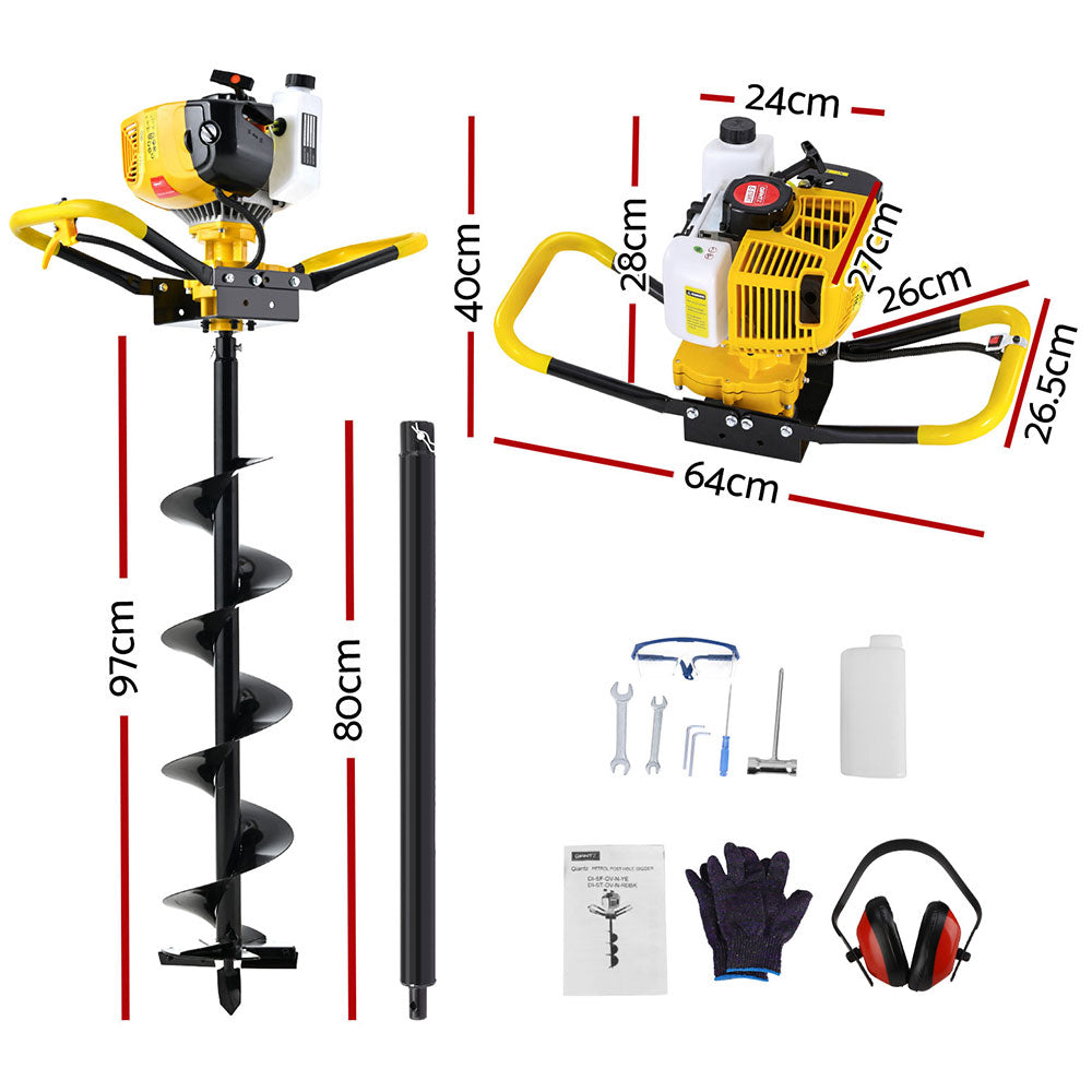 74CC Post Hole Digger 200mm Petrol Drill Auger Extension Bits